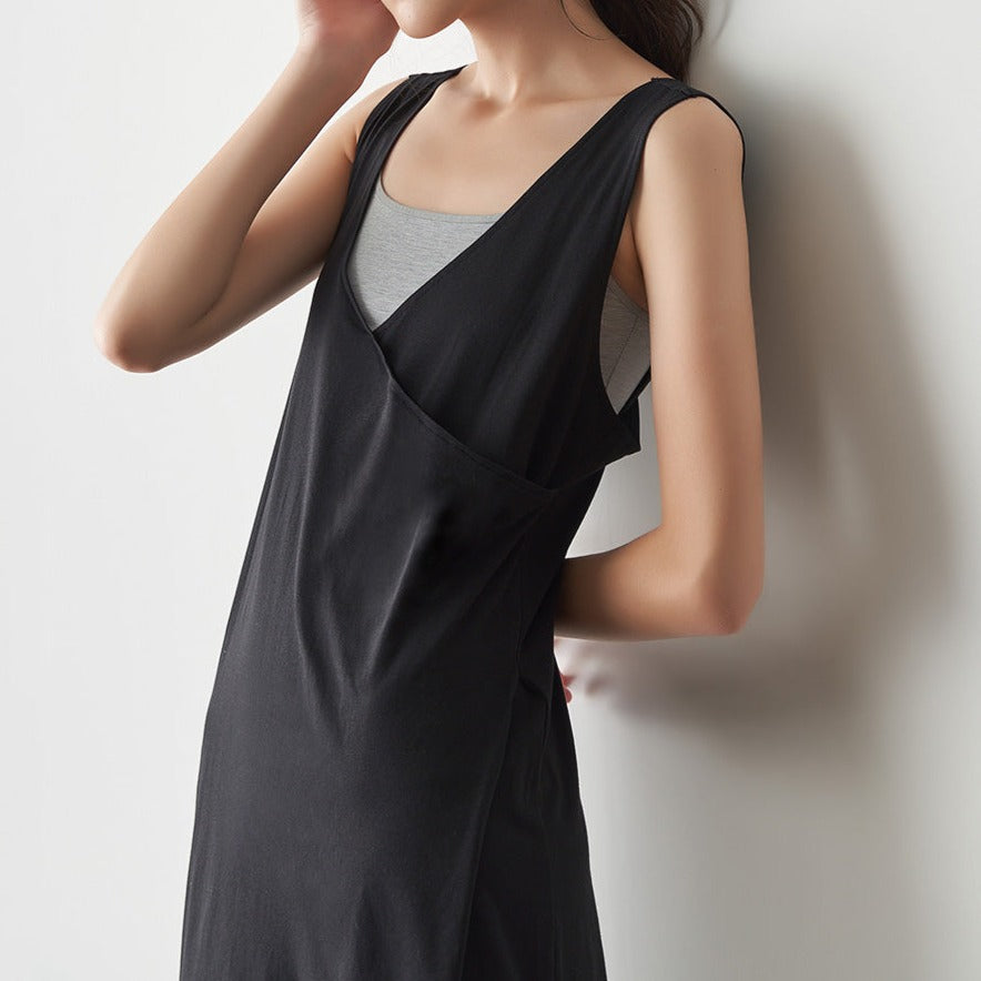Cool Cotton Midi Dress with elegant draped back for versatile day-to-evening style.
