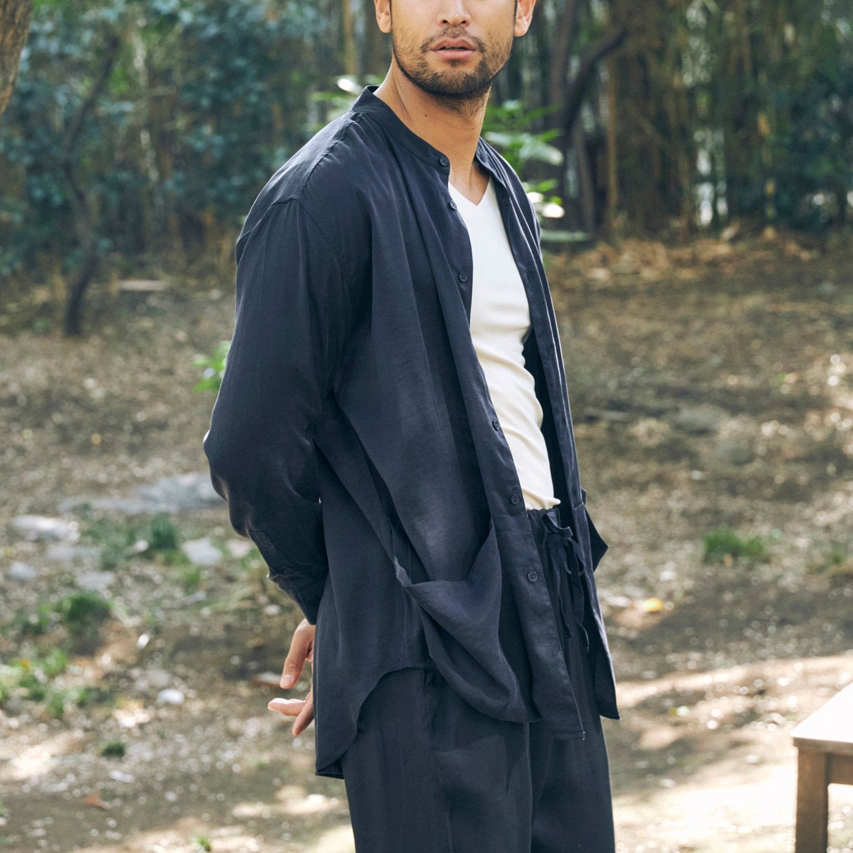 Flow TENCEL™ LUXE Relaxed Mandarin Collar Shirt in soft, lightweight fabric with pockets.