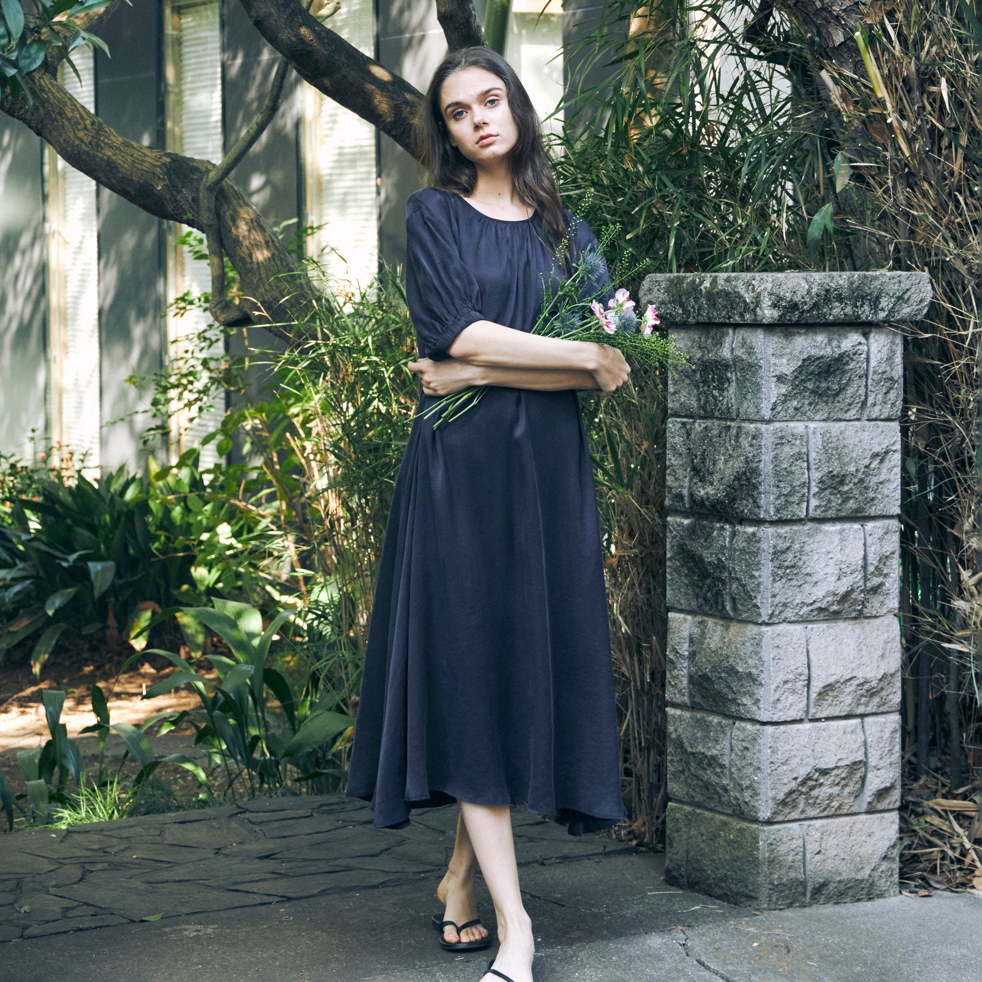 Flow TENCEL™ LUXE Puffed Sleeve Maxi Dress with billowy sleeves and elegant midi length.