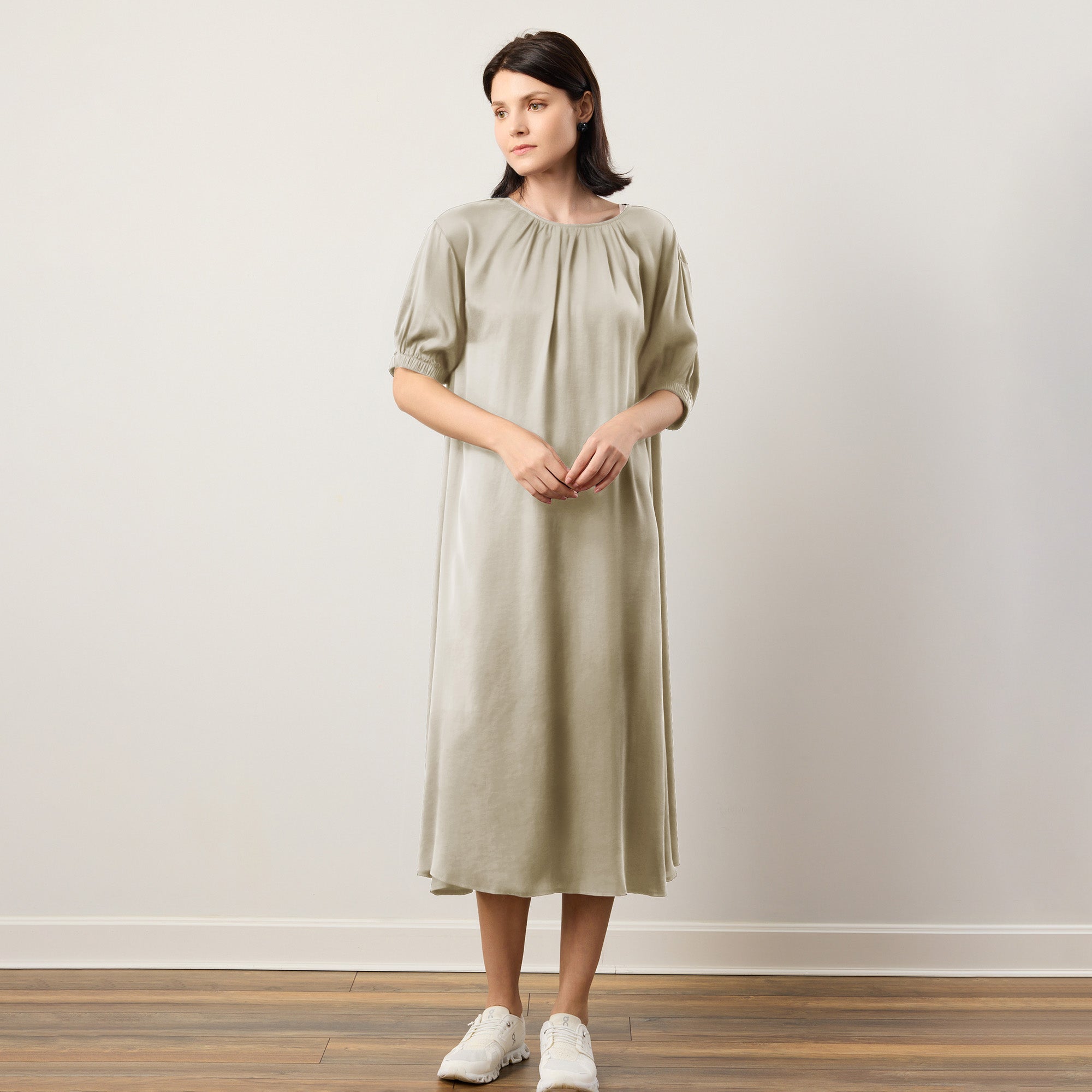 Flow TENCEL™ LUXE Puffed Sleeve Maxi Dress with billowy sleeves and elegant midi length.