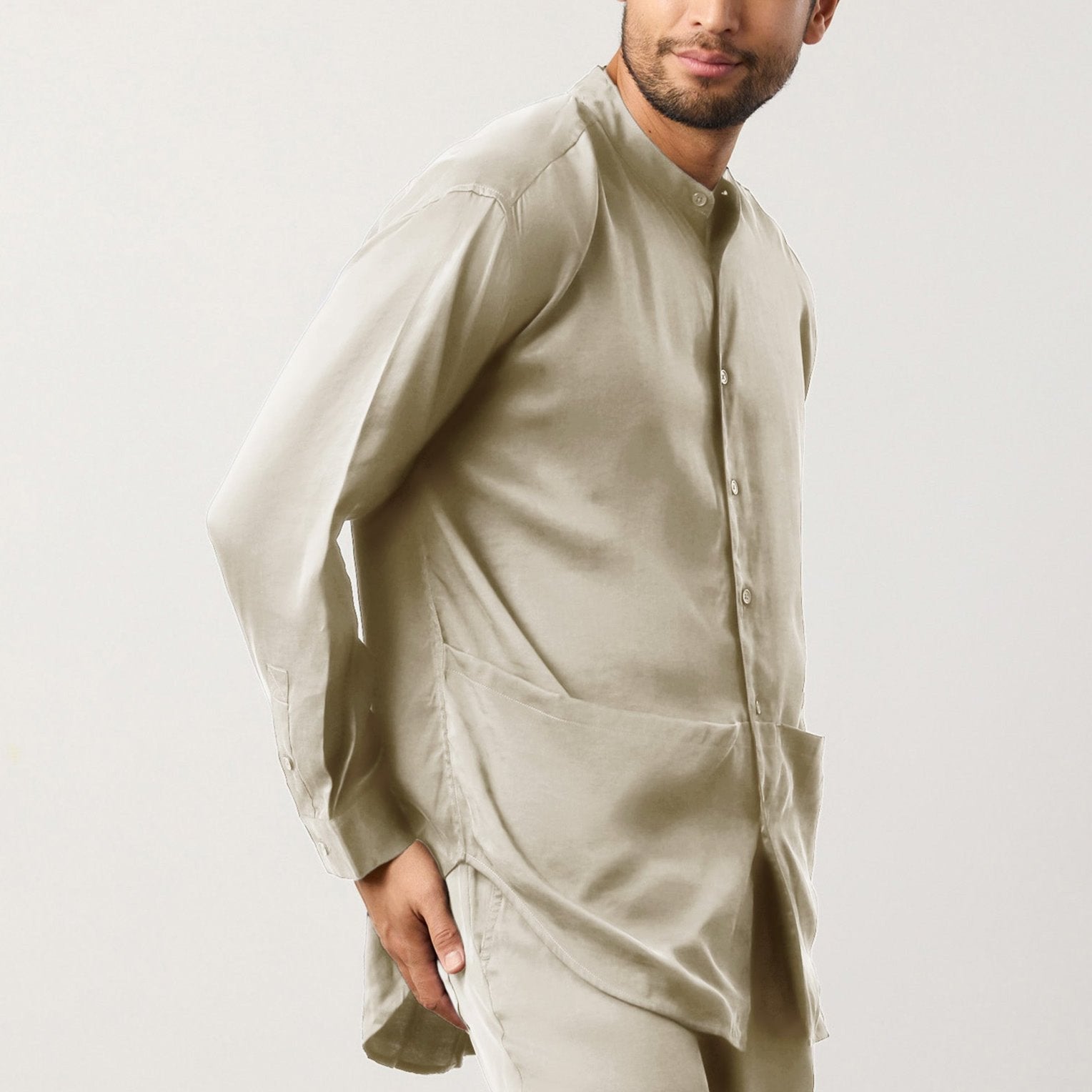 Flow TENCEL™ LUXE relaxed mandarin collar shirt in soft, lightweight fabric with pockets.