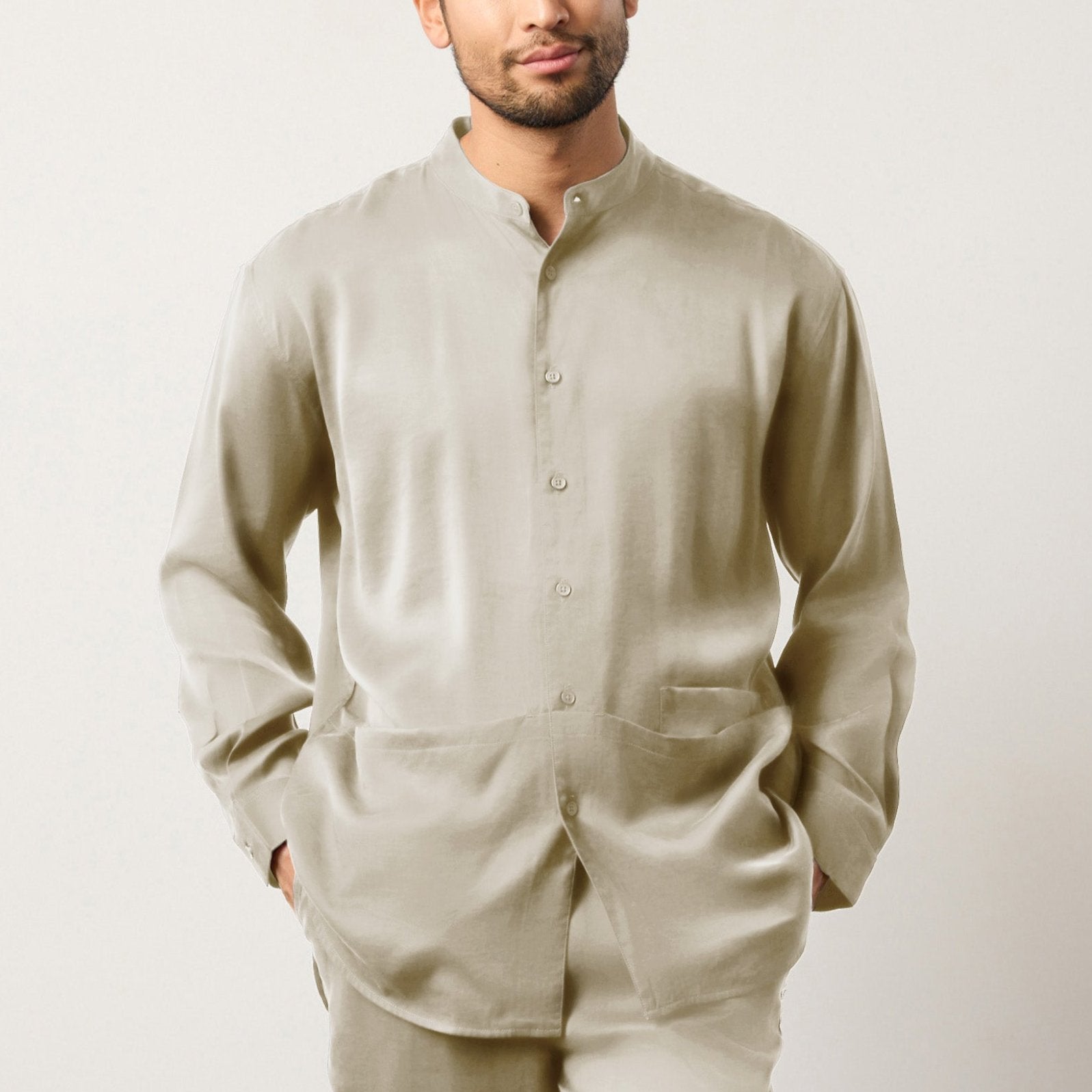 Flow TENCEL™ LUXE relaxed mandarin collar shirt with pockets, soft pleats, and eco-friendly fabric.