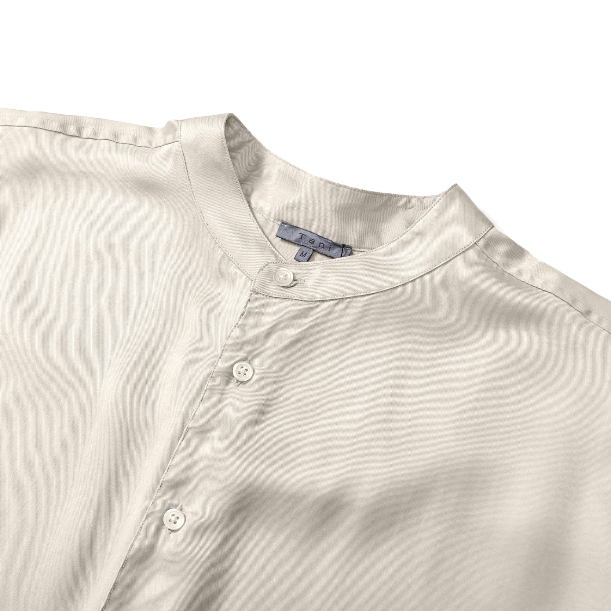 Flow TENCEL™ LUXE Relaxed Mandarin Collar Shirt with front pockets and soft pleats.