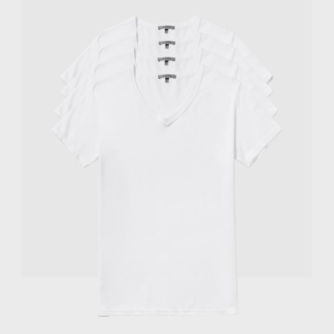 4 Pack Active TENCEL™ Lyocell V Neck Tees for breathable comfort and moisture control.